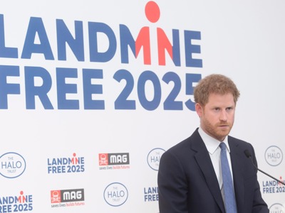 Prince Harry delivers a speech at the Landmine Free 2025 event hosted by HALO and MAG