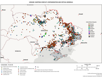 Map showing areas of conflict, contamination and critical minerals in Ukraine 