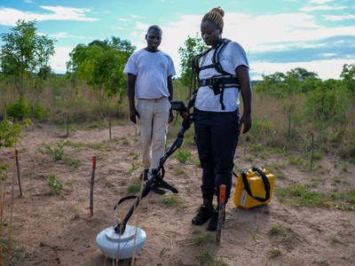 HALO trust staff trial an innovative detector produced by MRead in a rural minefield in Angola by