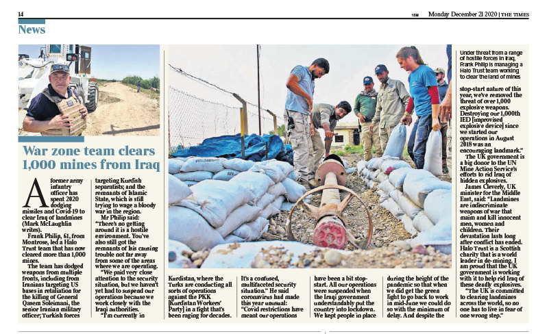 An article about HALO's achievements in Iraq, including a photo of a large bomb