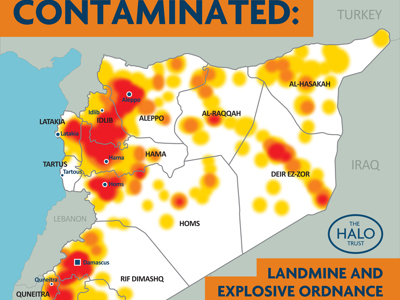 A map image depicting the areas and scale of landmine and explosive ordnance contamination in Syria