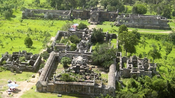An aerial shot of the mountain top Preah Vihear Temple on the Thai-Cambodian border.