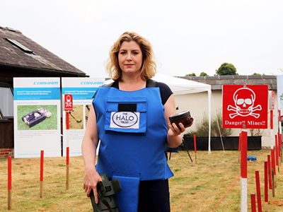 Penny Mordaunt, Secretary of State for International Development, stands on HALO’s practice minefield in Salisbury.